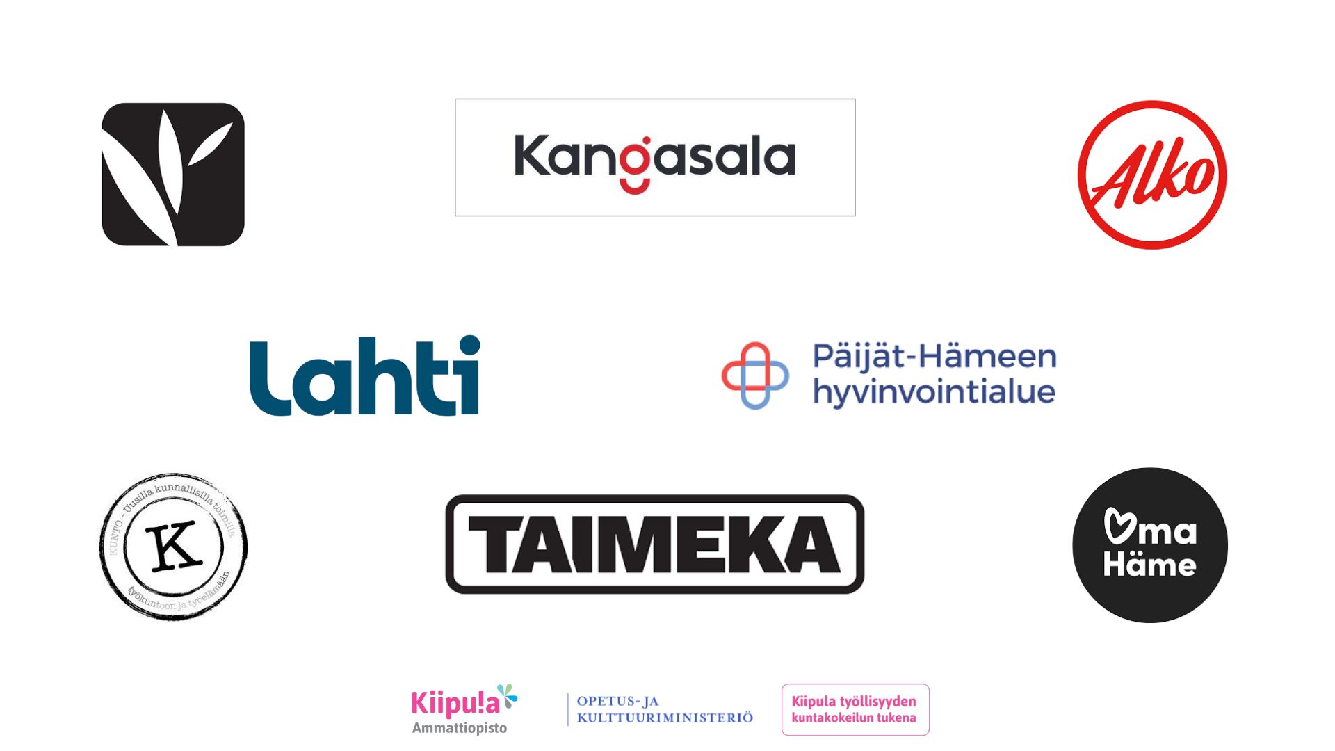Kuvassa näkyy webinaarissa esiintyvien yritysten logot. Mukana ovat Karhuryhmän päiväkodit, Kangasala, Alko, Lahti, Päijät-Hämeen hyvinvointialue, Kunto-hanke, Taimeka, Kanta-Hämeen hyvinvointialue ja Kiipula.