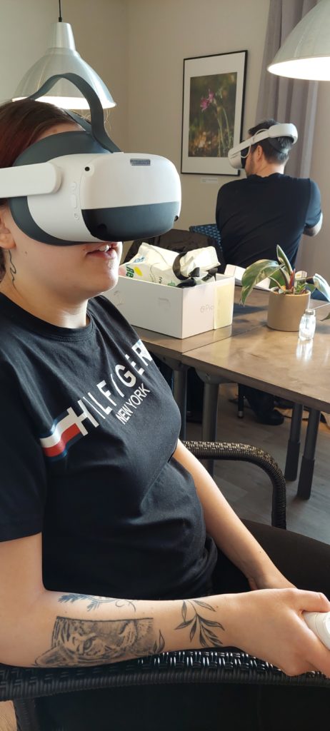 Kaksi henkilöä katselee VR-laseilla.